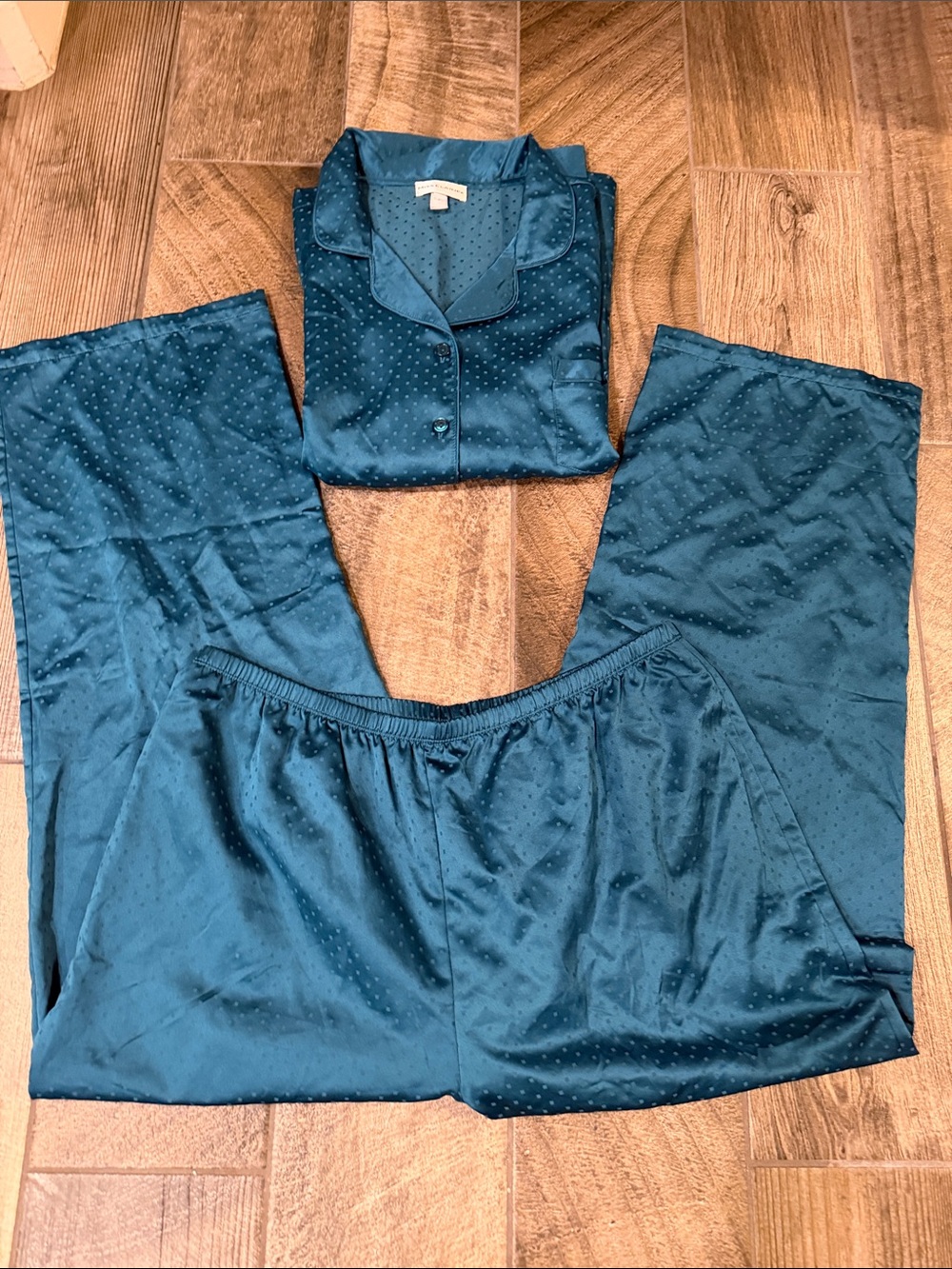 Miss Elaine Polka Dot Button-Front Satin Pajama Set - Teal